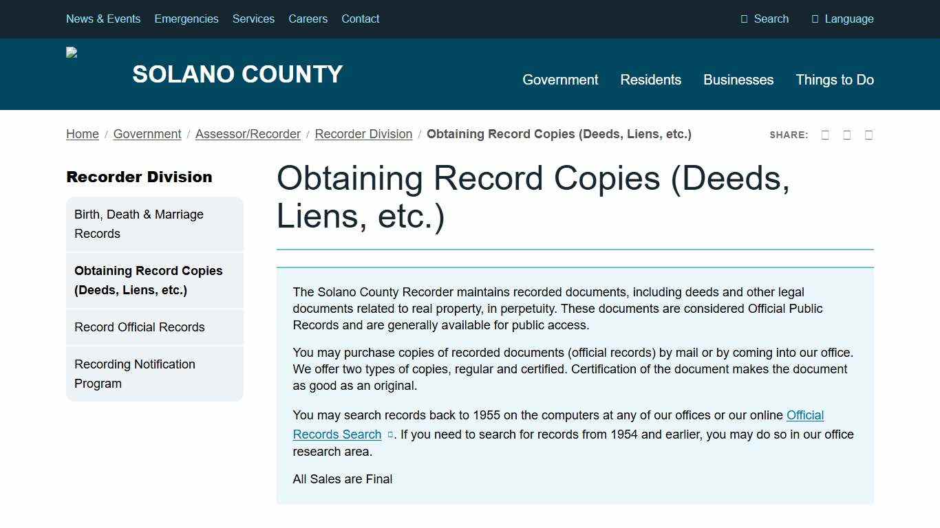 Obtaining Record Copies (Deeds, Liens, etc.) Solano County, California