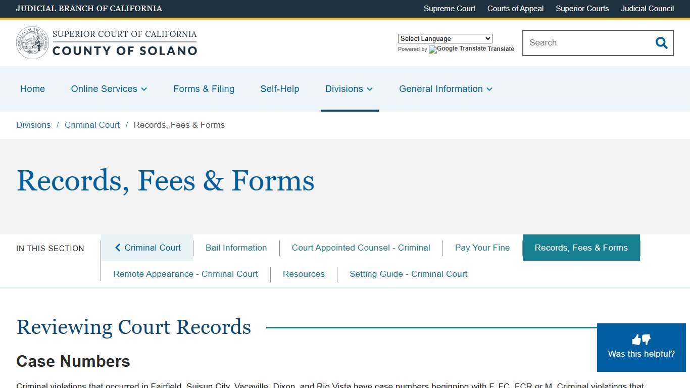 Records, Fees & Forms Superior Court of California County of Solano